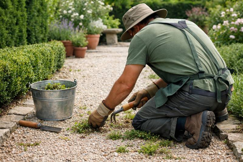 Jardinier réalisant le désherbage mécanique d'une allée à Saint-Rémy-de-Provence