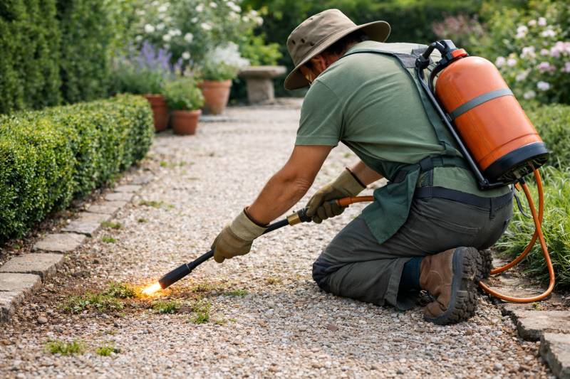 Jardinier réalisant le désherbage thermique d'une allée à Saint-Rémy-de-Provence 