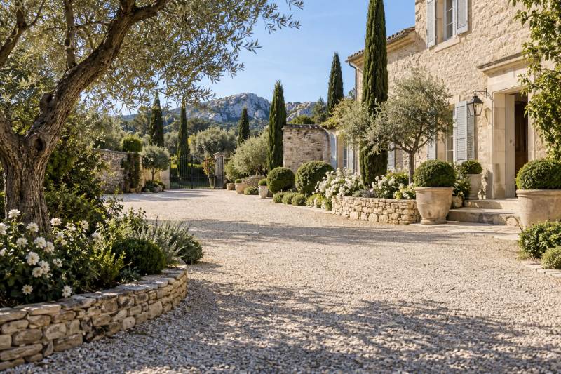 Entretien d'allées en gravier de résidence secondaire dans les Alpilles