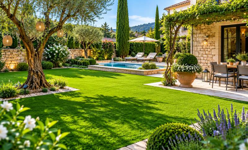 Aménagement paysager de jardin avec gazon synthétique à Saint Rémy de Provence