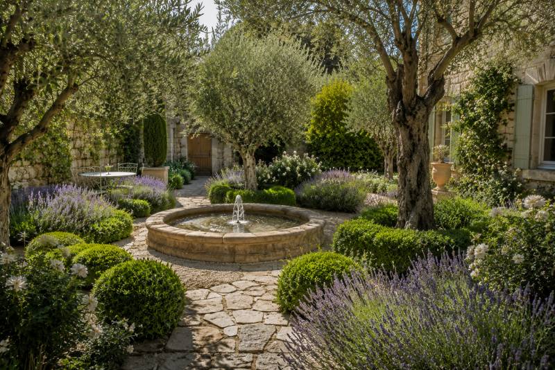 Plantations autour d'une fontaine dans un jardin à Avignon